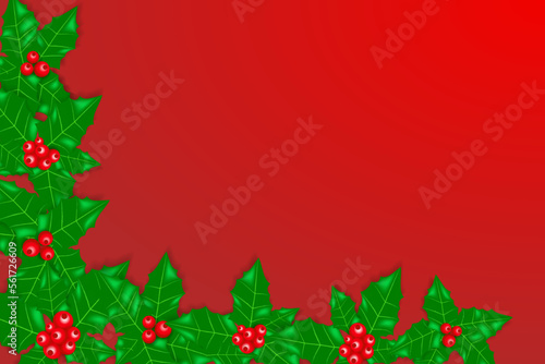 Christmas background with holly leaves and berries. Christmas frame with ilex aquifolium green leaves and red berries. Christmas winter decor. Xmas vector illustration