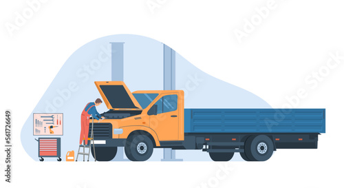 Concept for truck repair service. Mechanic with wrench, truck, tools and gears. Vector illustration.