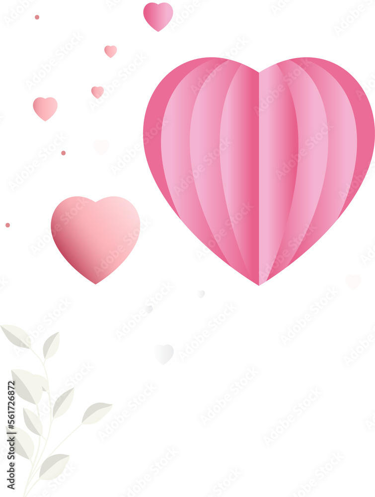 3D Render, Pastel Pink Paper Heart Shapes With Leaf Plant. Love Or Valentine Concept.