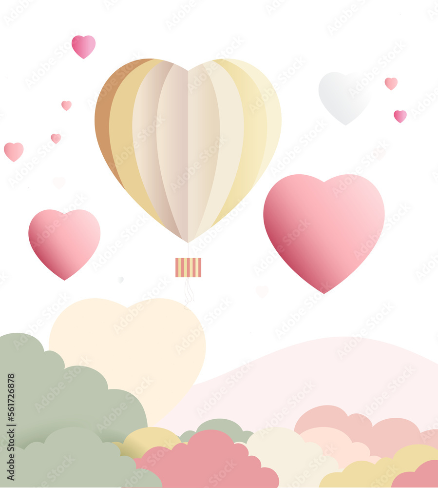 Love Or Valentine Concept With Colorful Heart Shape Balloons On Cloudscape.