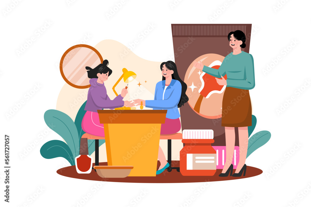 Women in a nail salon receive manicures from beauticians. Women in a nail salon receive manicures from beauticians.