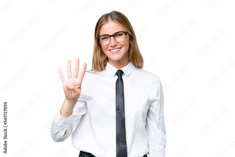 Young business caucasian woman over isolated background happy and counting four with fingers Young business caucasian woman over isolated background happy and counting four with fingers