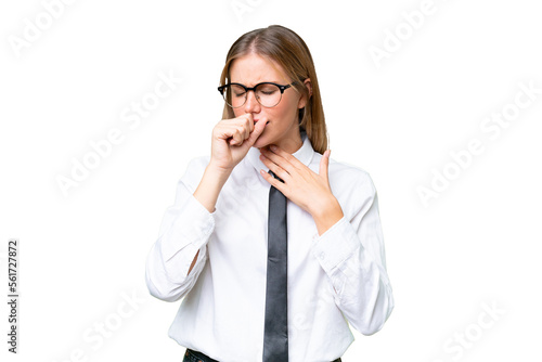 Young business caucasian woman over isolated background is suffering with cough and feeling bad