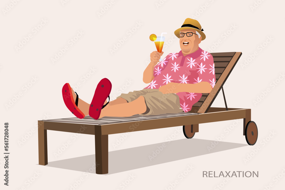 Happy tourist senior man  wear beach shirt hat lie on deckchair with cocktail in hand isolated on white background. Summer vacation concept