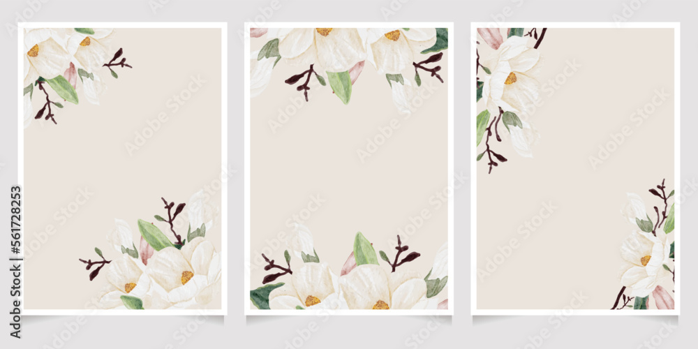 Fototapeta premium watercolor hand drawn white magnolia flower and green leaf branch bouquet wedding invitation card template collection
