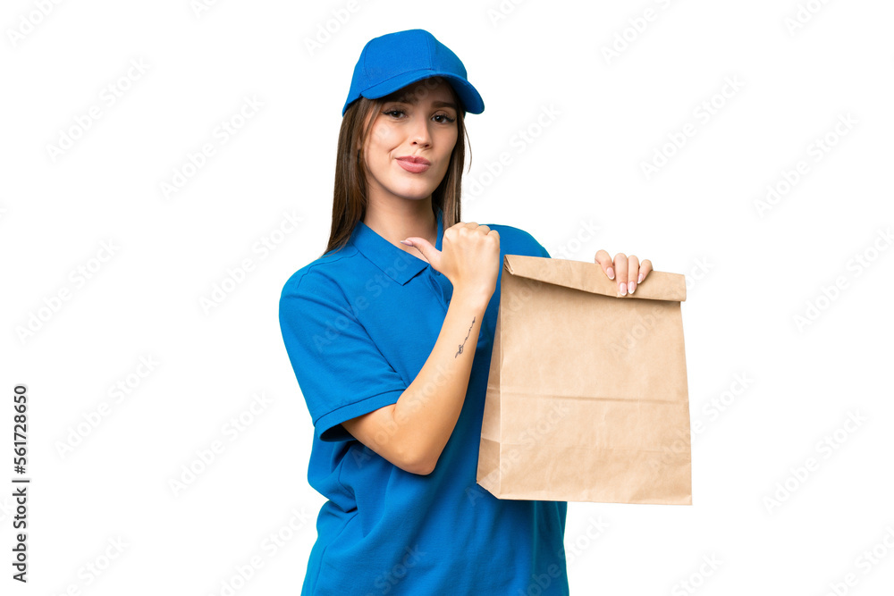 Young beautiful caucasian woman taking a bag of takeaway food over isolated background proud and self-satisfied Young beautiful caucasian woman taking a bag of takeaway food over isolated background proud and self-satisfied