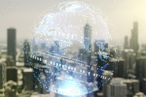 Double exposure of abstract creative programming illustration and world map on blurry office buildings background  big data and blockchain concept