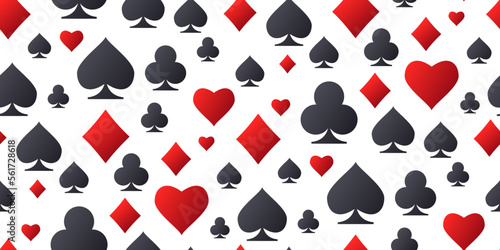 Playing card suit symbols icons. Pattern with falling red, black suits for playing cards on white background. 3d Vector illustration for casino, game design, advertising, ads of parties