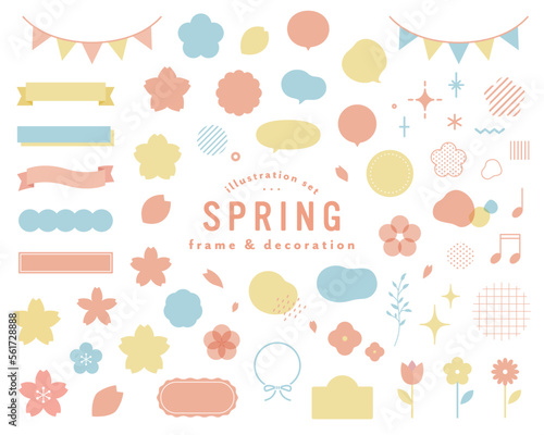 春のフレーム＆飾りイラストのセット　桜　装飾　リボン　枠　かわいい　シンプル　吹き出し　花　素材