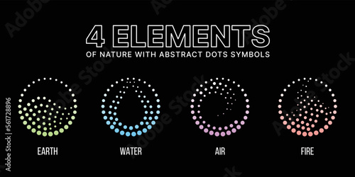4 elements of nature with abstracr dots symbols style earth water air and fire on black background vector design
