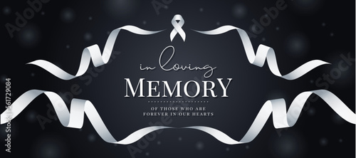 In loving memory of those who are forever in our hearts text and white ribbon sign in white ribbon line roll waving around on dark background vector design