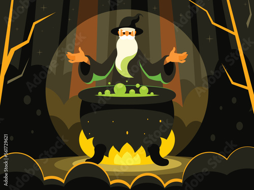 Wizard, mage cooking potion in cauldron. Warlock, sorcerer, old beard man in black wizards robe, hat. Mystery, fantasy, witchcraft, magic spells. Vector graphics