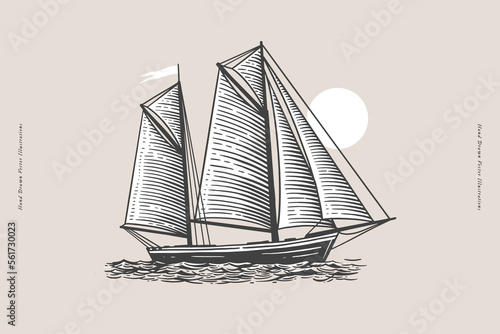Marine sailboat floating on the water surface. Sea ship in engraving style. Hand drawn vector illustration. Water transport.