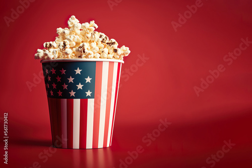 Popcorn on american flag cup, national popcorn day concept. Copy space, space for text. Generative AI