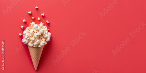 Spattered popcorn on a red background. Sweet popcorn in waffle cone. National popcorn day. Generative AI