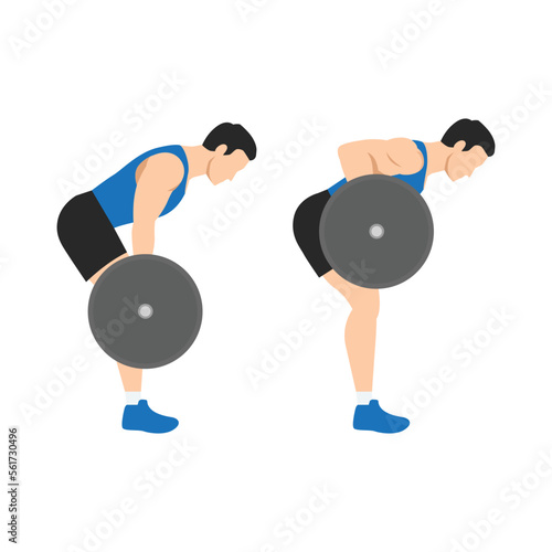 Man doing barbell bent over row exercise from side view. Flat vector illustration isolated on white background