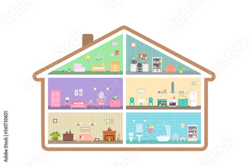 Dollhouse with rooms in cross section. On white background. Doll house interior concept. Cartoon flat style. Vector illustration