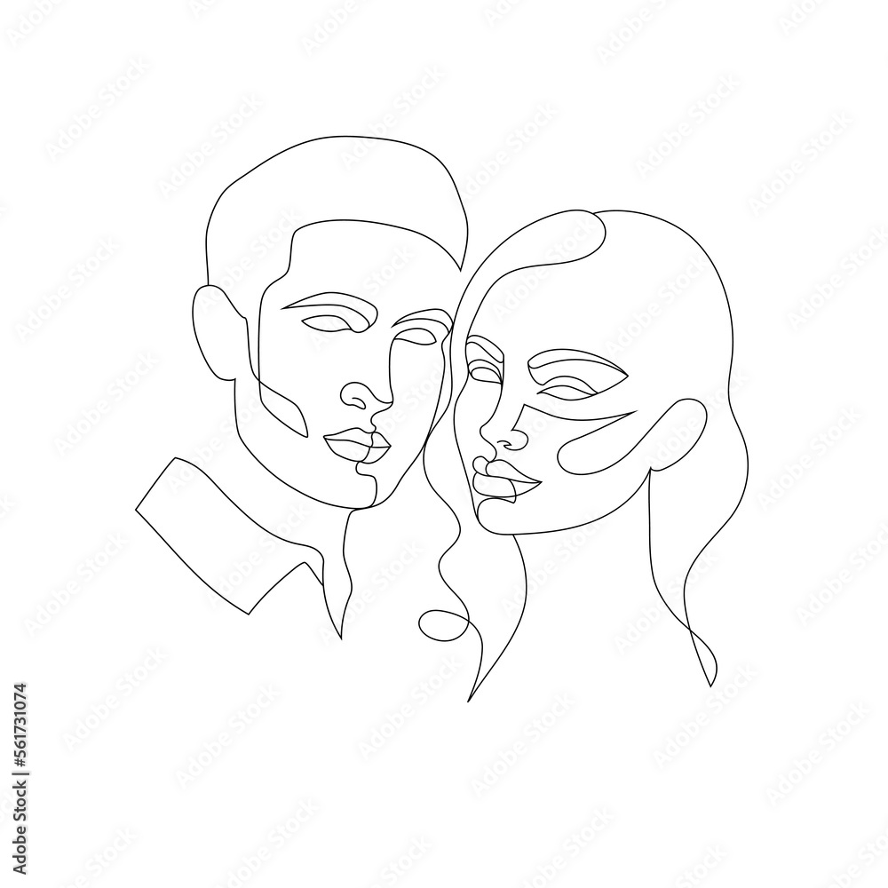 Vector linear drawing of a couple isolated. Male and female face with a black line on a white background. Idea for a couple tattoo. Wedding invitation. Valentine's Day card. Vector linear drawing of a couple isolated. Male and female face with a black line on a white background. Idea for a couple tattoo. Wedding invitation. Valentine's Day card.