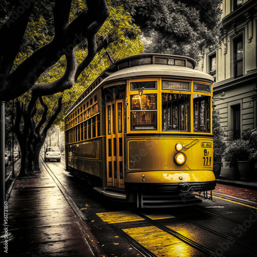 Yellow tram in city. Generative AI. 