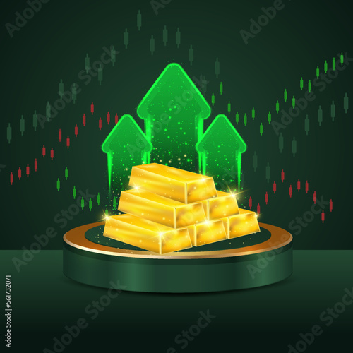 Gold value in global recession crisis. Gold arrow chart stream up commodity. Gold price increase today