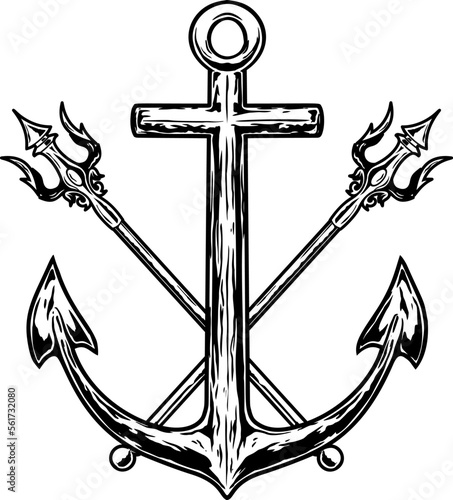 Illustration of sea anchor with crossed tridents. Design element for logo, sign, emblem. Vector illustration