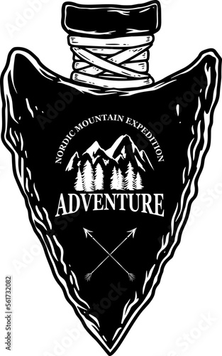 Camping emblem in arrowhead shape. Design element for poster, card, banner, emblem, sign. Vector illustration