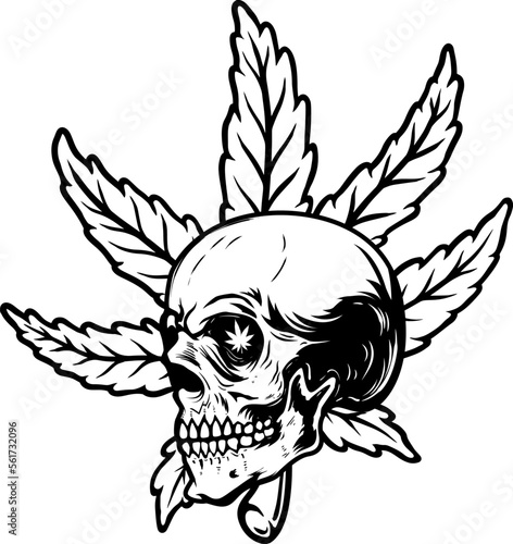 Skull with marijuana leaf. Design element for logo, emblem, sign, poster. Vector illustration