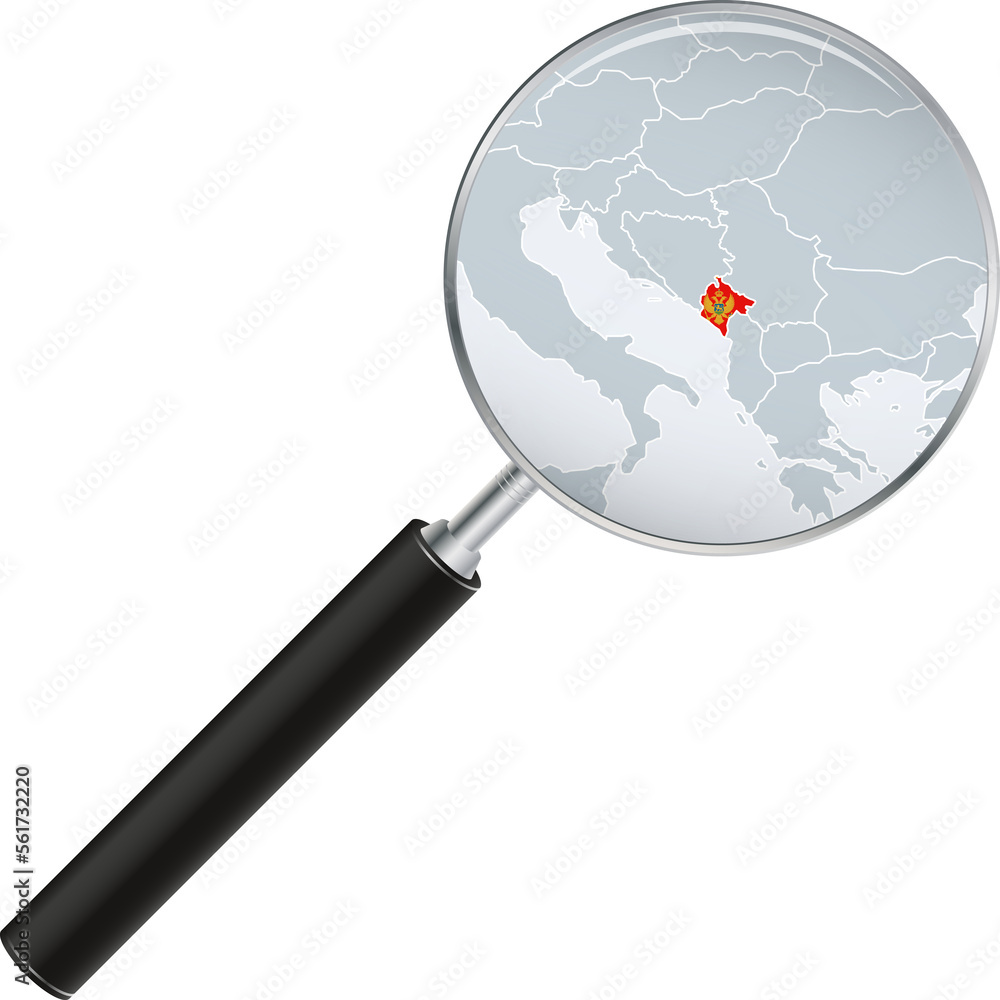 Montenegro map with flag in magnifying glass. Montenegro map with flag in magnifying glass.