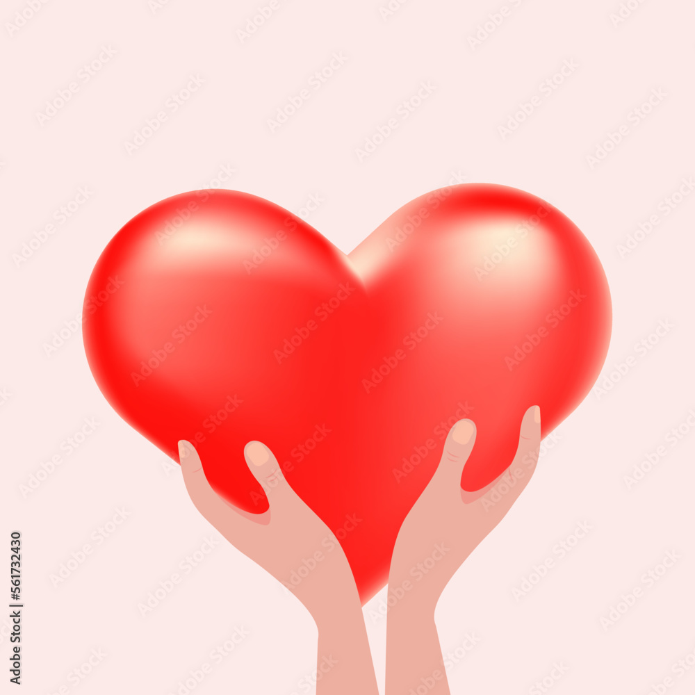 Two hands holding a red 3-d heart.The concept of love, support, congratulations.Vector illustration. Two hands holding a red 3-d heart.The concept of love, support, congratulations.Vector illustration.