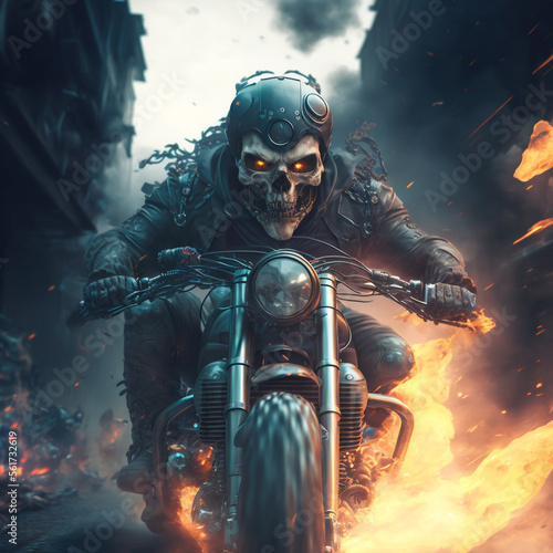 The death knight rush on his powerful motorcycle through the city. Created with Generative AI