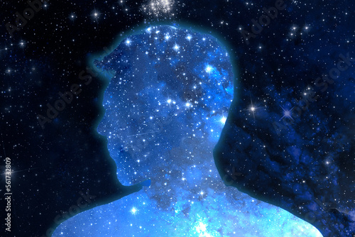 a creative mind concept, silhouette portrait of person with space background in the head, elements of this image furnished by nasa