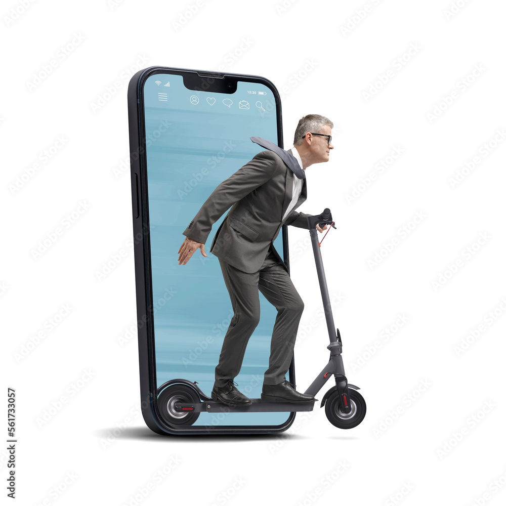 Businessman on scooter coming out from a smartphone Businessman on scooter coming out from a smartphone