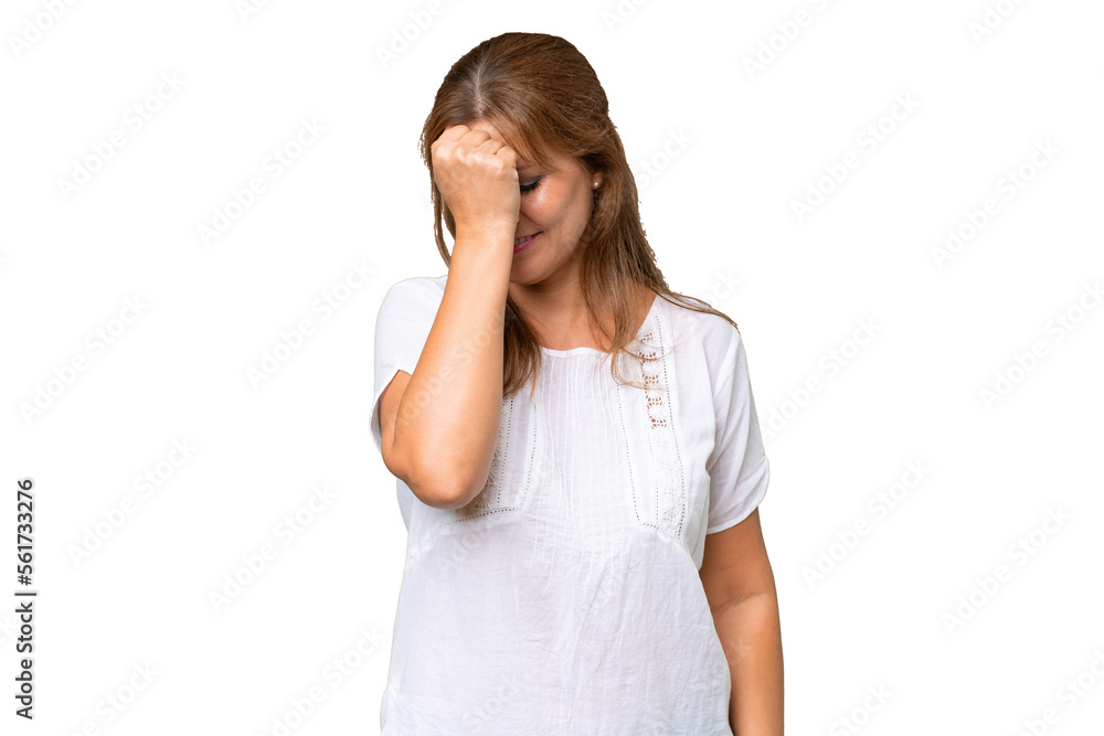 Middle-aged caucasian woman over isolated background with headache Middle-aged caucasian woman over isolated background with headache