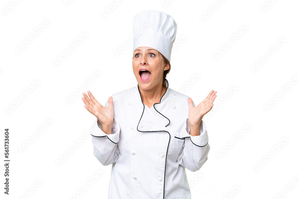 Middle-aged chef woman over isolated background with surprise facial expression Middle-aged chef woman over isolated background with surprise facial expression