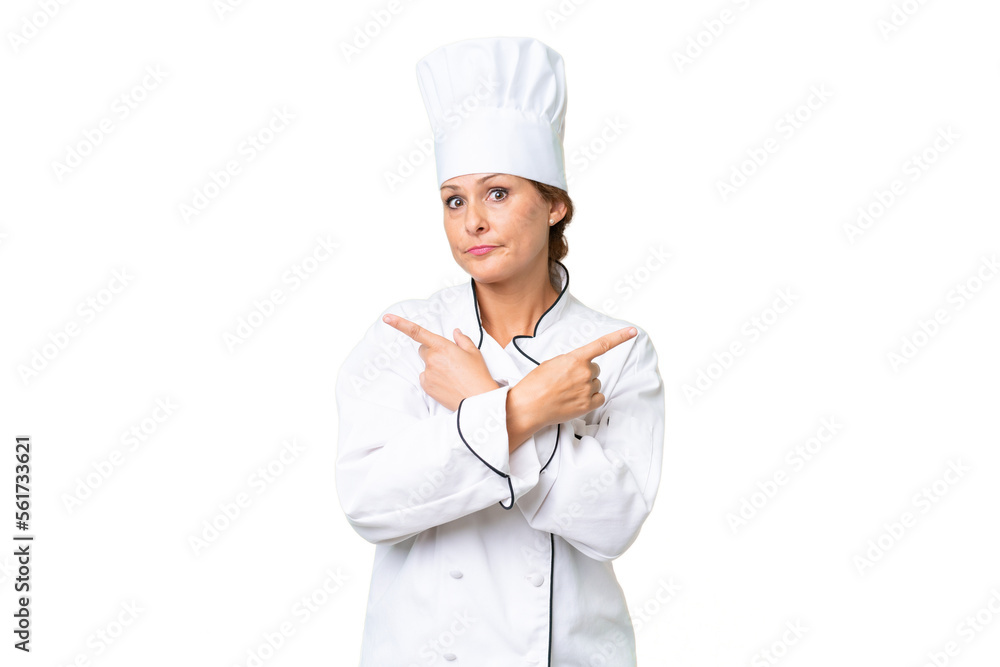 Middle-aged chef woman over isolated background pointing to the laterals having doubts Middle-aged chef woman over isolated background pointing to the laterals having doubts