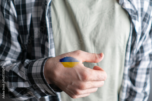 ukranian flag painted on the human hand skin