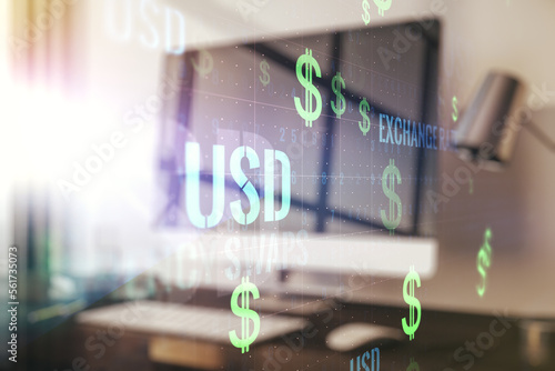 Double exposure of creative EURO USD symbols hologram on laptop background. Banking and investing concept