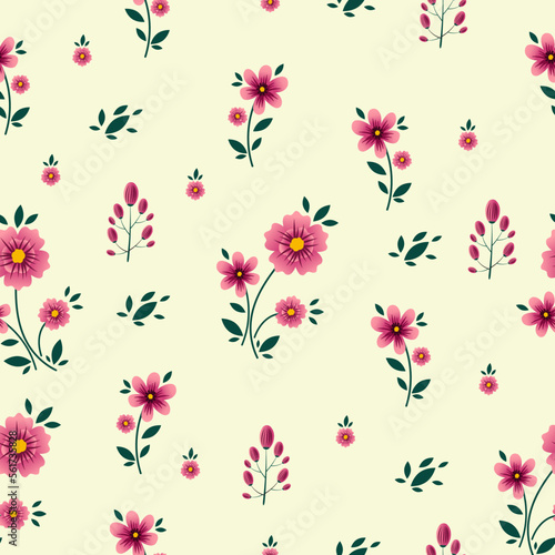Cute pink floral pattern in the small flower. Motifs scattered random. Seamless vector texture. Elegant for fashion prints. Light yellow background © dom45