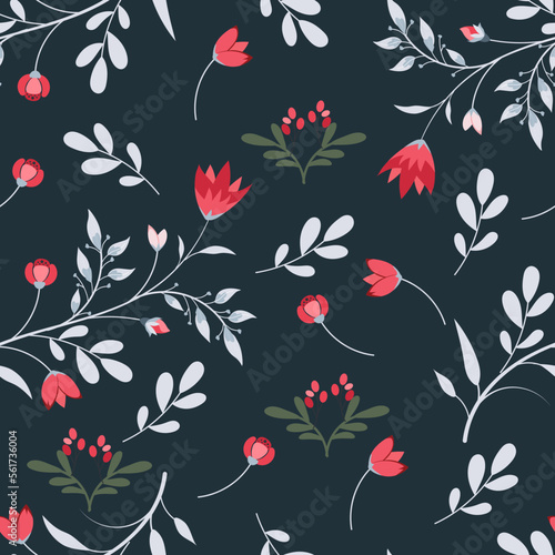 Seamless floral pattern with cute pink flowers on dark blue background. The elegant template for fashion print. Vintage floral background 