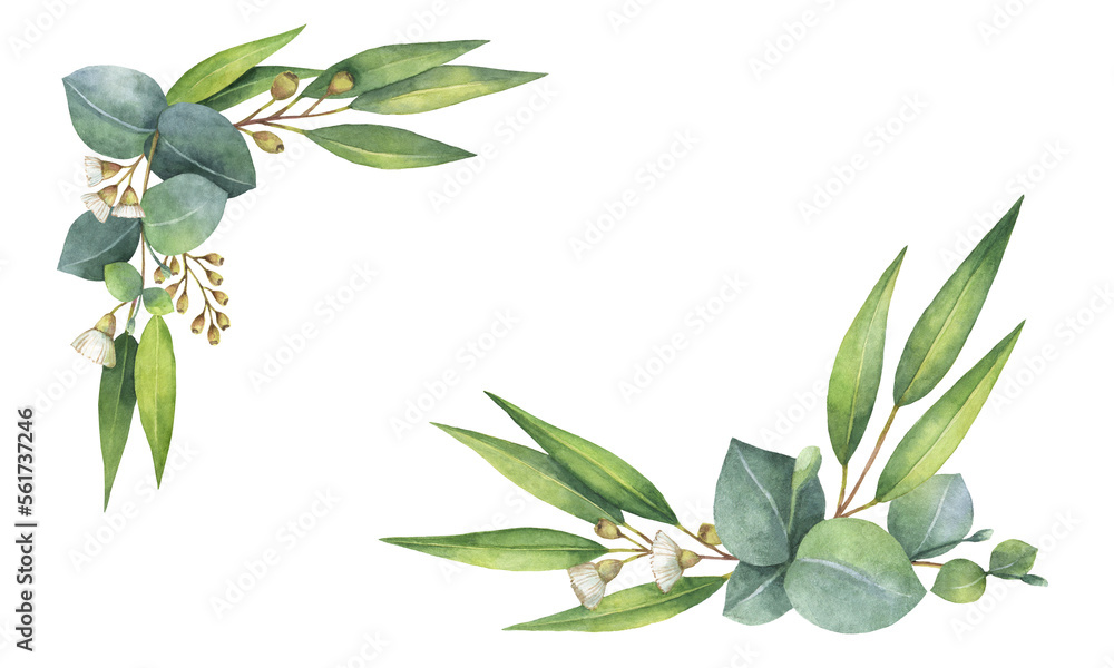 Watercolor wreath with green eucalyptus leaves and branches. Perfect for wedding invitation, postcard, scrapbooking, Mother day card decoration, packaging, greeting cards, textiles. - obrazy, fototapety, plakaty 