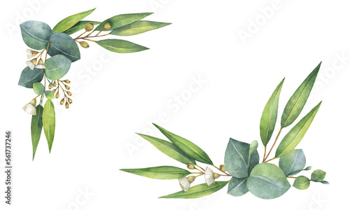 Obraz na płótnie Watercolor wreath with green eucalyptus leaves and branches