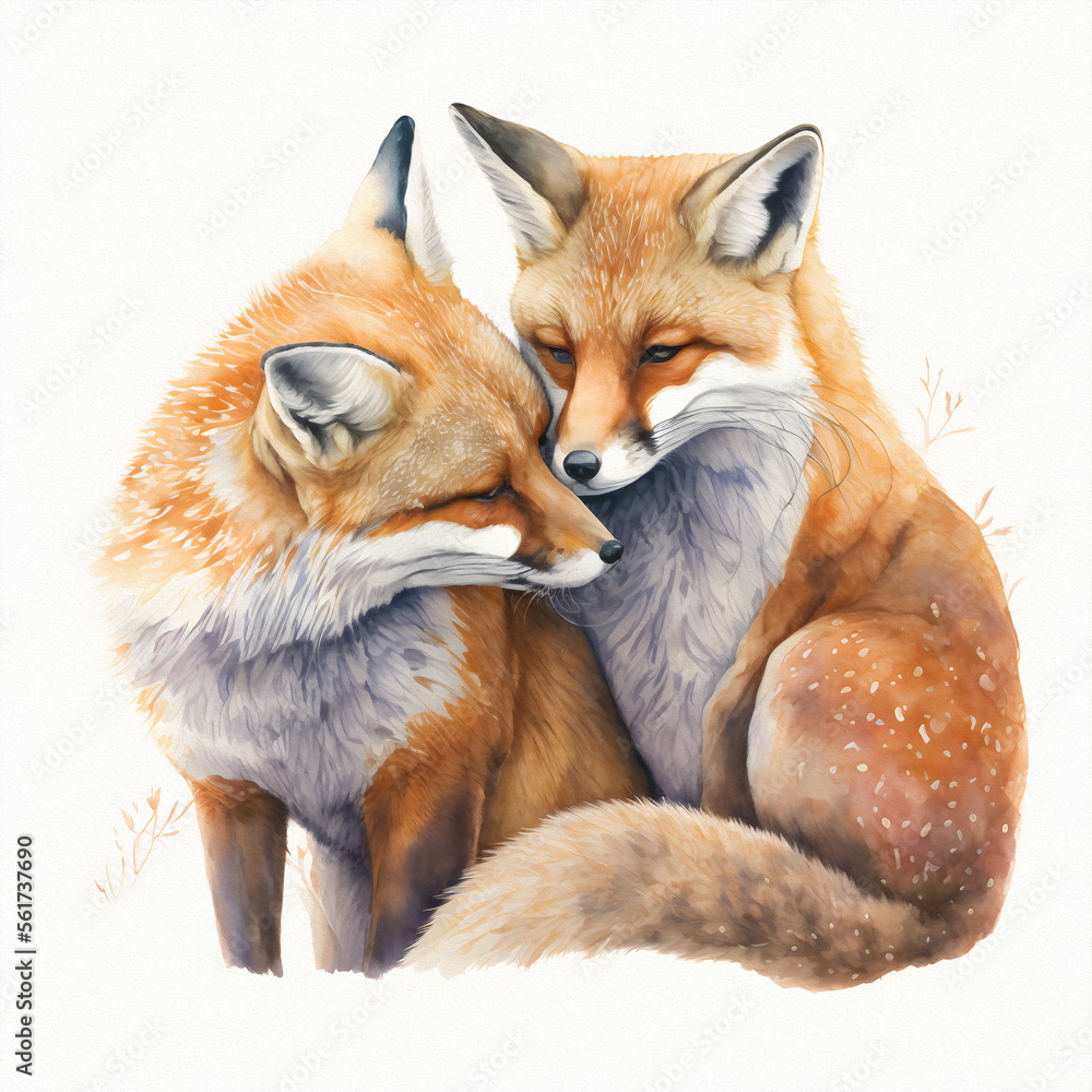 Obraz premium Two red foxes in love hug, Valentine's day and all lovers, isolate. Drawing for a book, postcard, print. 