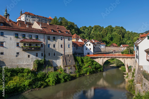 Slovenia, Upper Carniola, Skofja Loka, Capuchin Bridge over Selska Sora river in summer photo