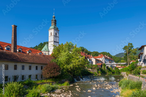 Slovenia, Upper Carniola, Skofja Loka, Selska Sora river flowing through idyllic town in summer photo