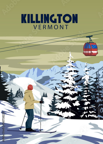 Killington Ski Travel resort poster vintage. Vermont USA winter landscape travel card