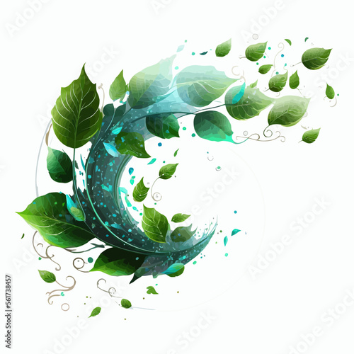 Abstract wind swirls with green leaves and sparkles isolated on transparent background. Isolated on background. Cartoon vector illustration
