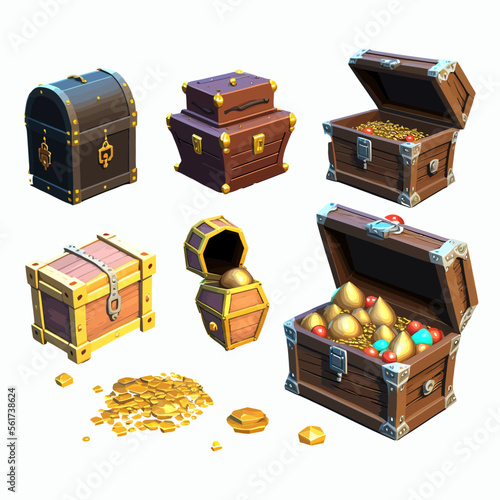 Chests with treasure, empty and full wooden box with golden coins, gem stones or crystals. Isolated on background. Cartoon vector illustration
