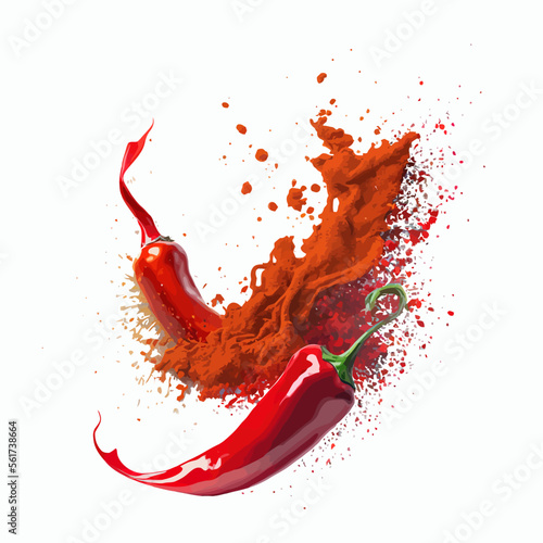 Chili pepper powder splash, spicy burst, dust or red color explosion on white background. Isolated on background. Cartoon vector illustration