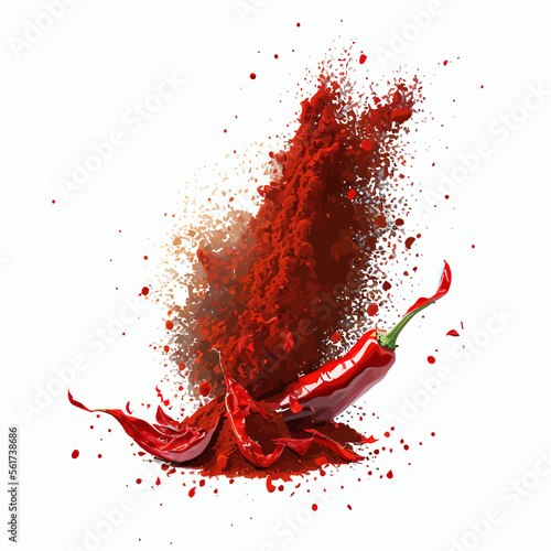 Chili pepper powder splash, spicy burst, dust or red color explosion on white background. Isolated on background. Cartoon vector illustration