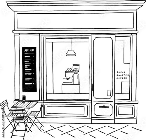 Cafe Front shop with table and seat Restaurant Business in city Hand drawn line art illustration